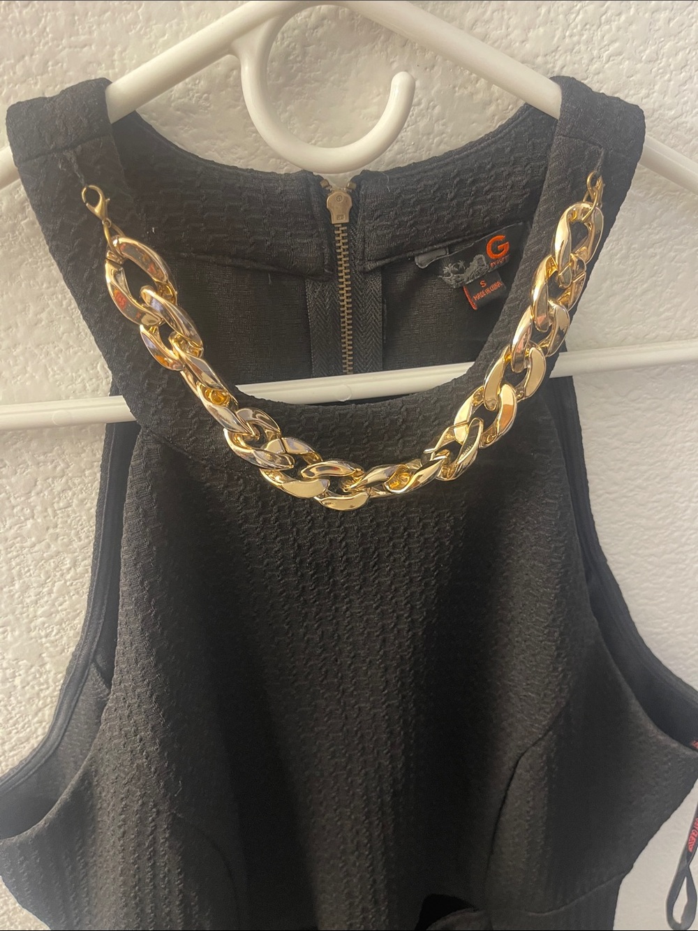 Guess Black Textured Sleeveless Dress with Gold Chain Accent